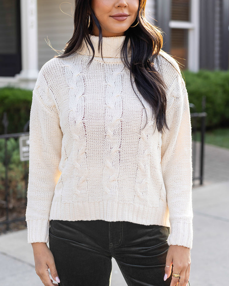 High Neck Cable Knit Sweater in Ivory - Grace and Lace Wholesale - Ivory