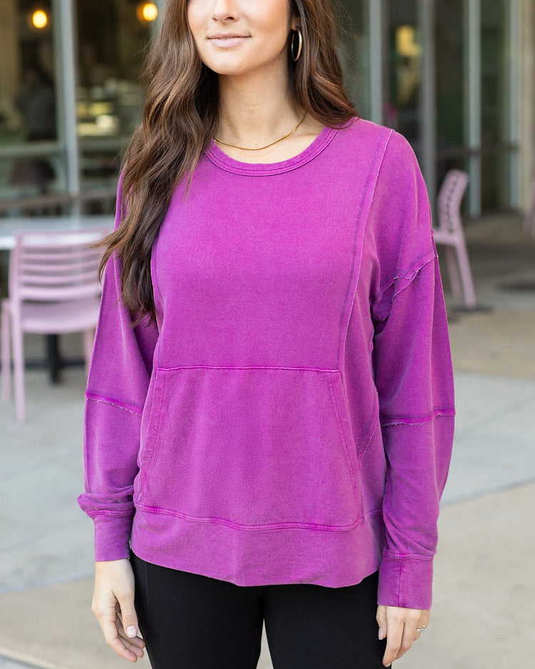 Mineral Washed Pullover Sweatshirt in Boysenberry - Grace and Lace Wholesale - Boysenberry