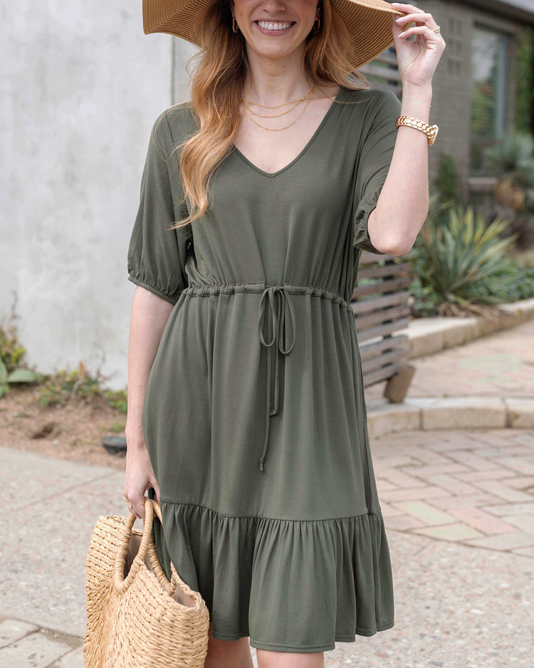 Modal Waist Tie Dress in Olive - Grace and Lace Wholesale - Olive