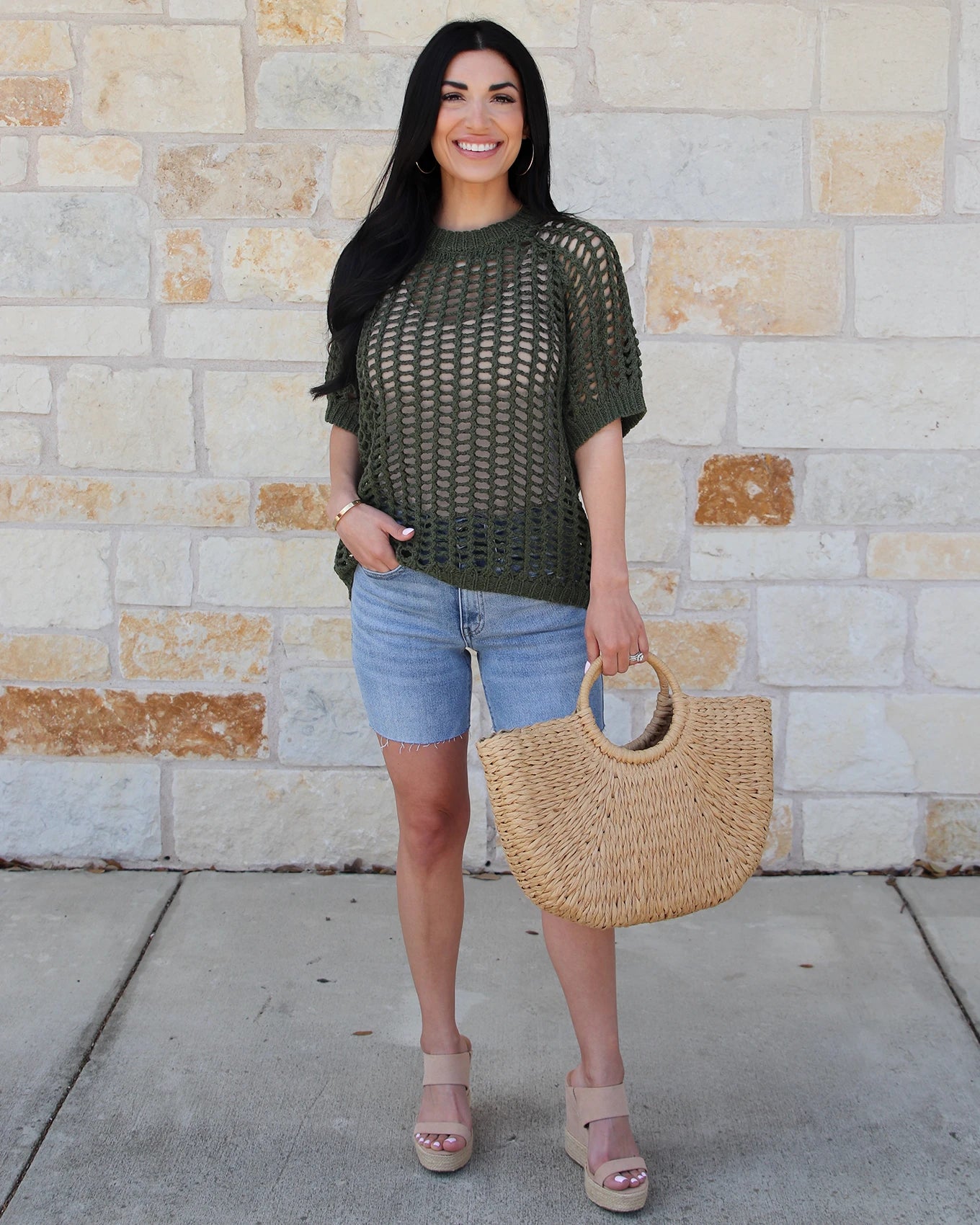 Open Knit Short Sleeve Pullover in Olive