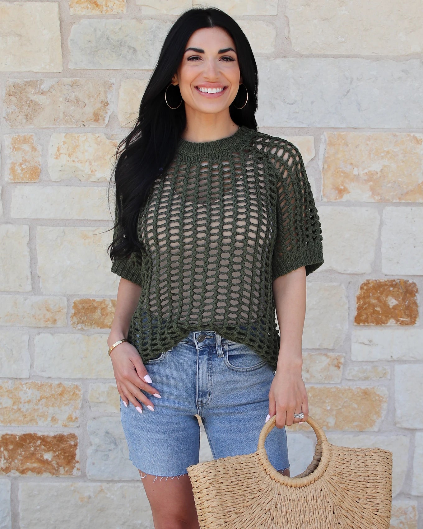 Open Knit Short Sleeve Pullover in Olive