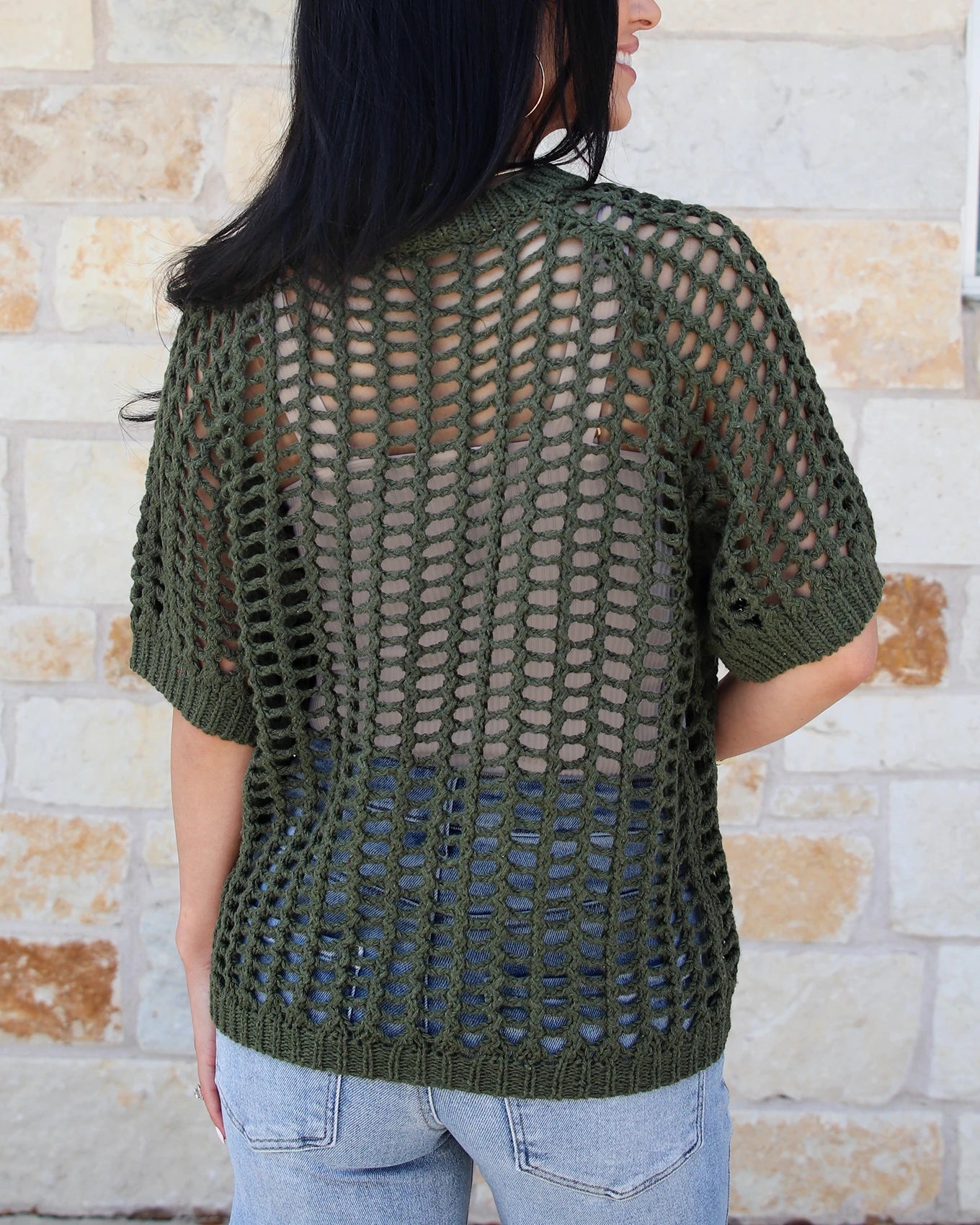 Open Knit Short Sleeve Pullover in Olive