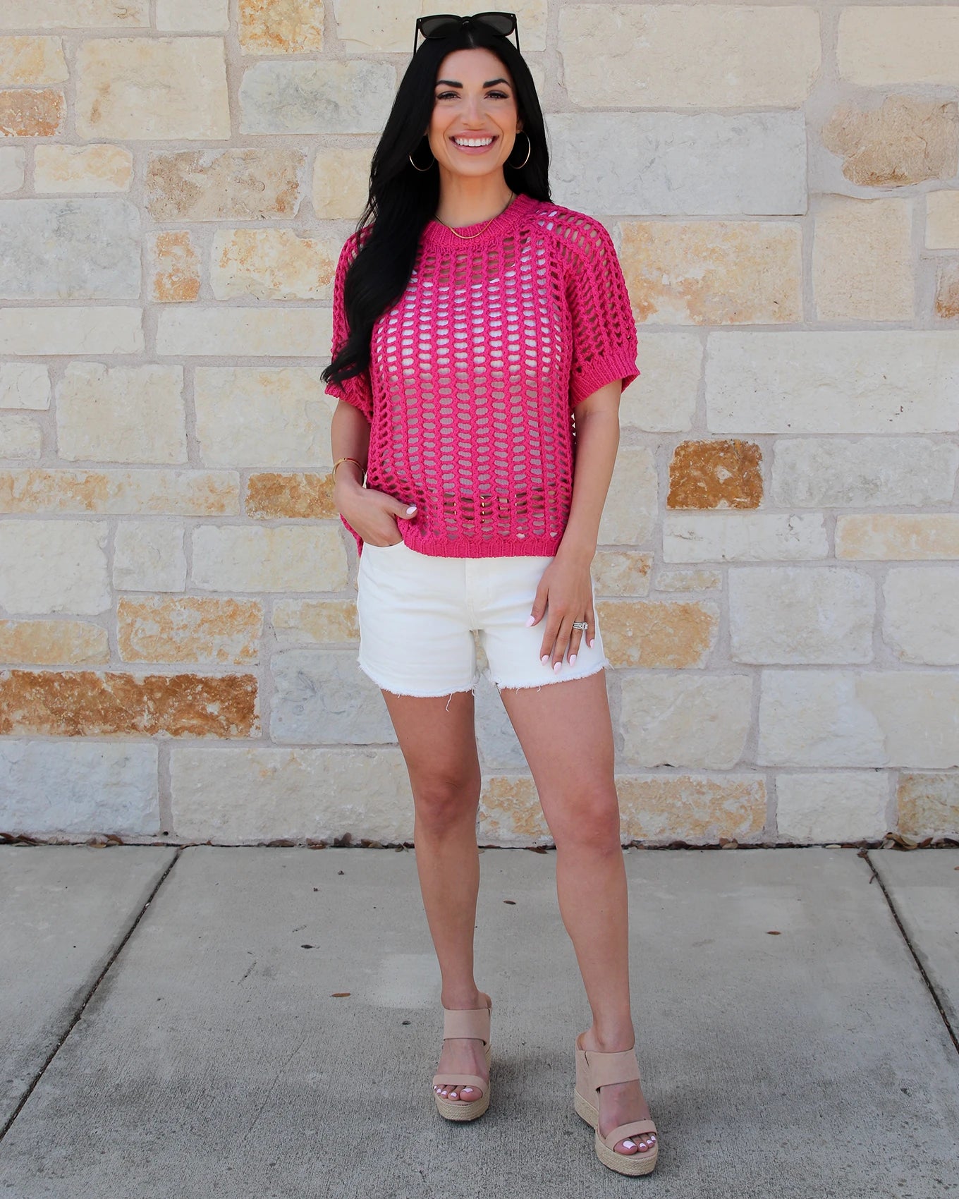 Open Knit Short Sleeve Pullover in PInk