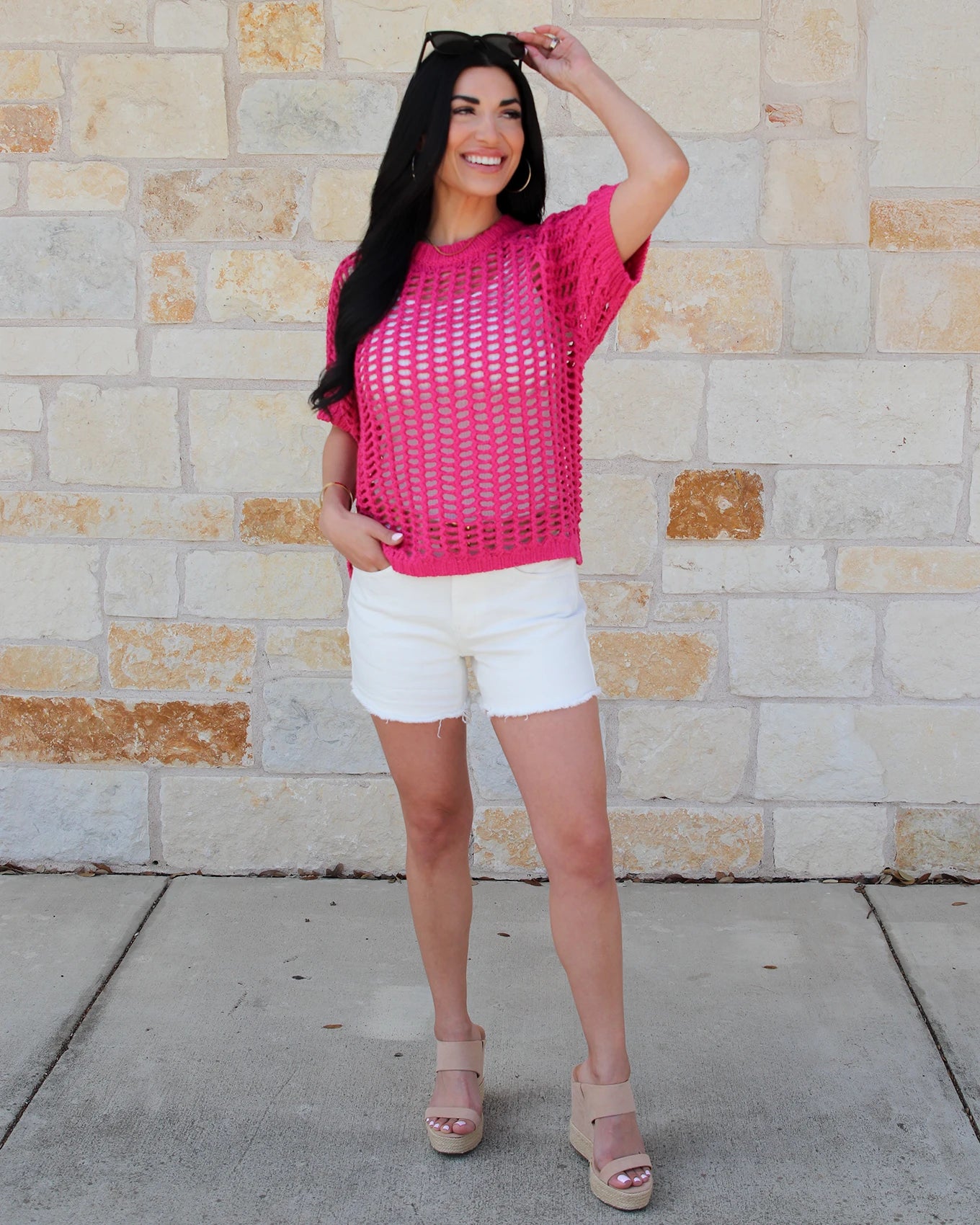 Open Knit Short Sleeve Pullover in PInk