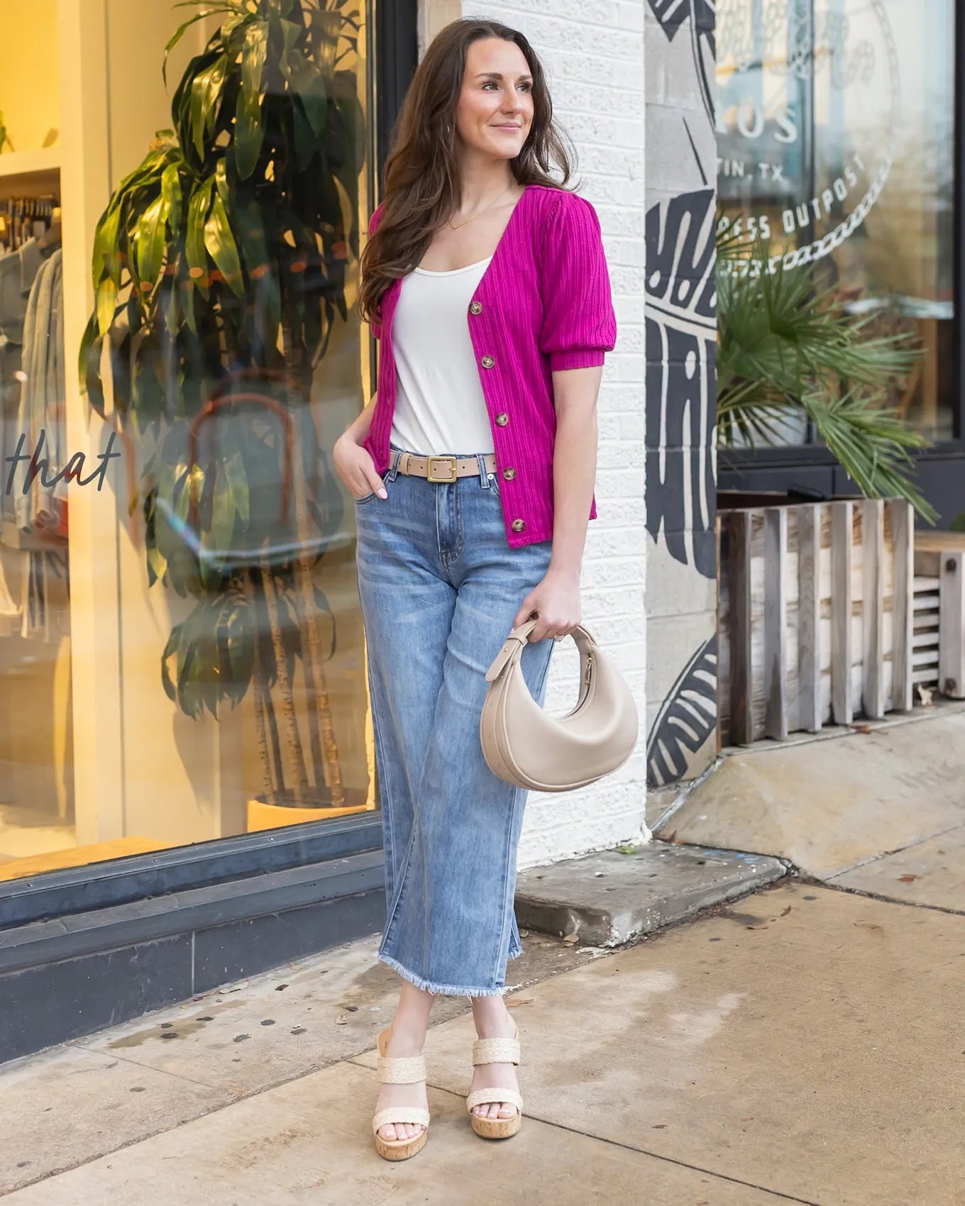 Puff Sleeve Button Up Top in Wild Berry