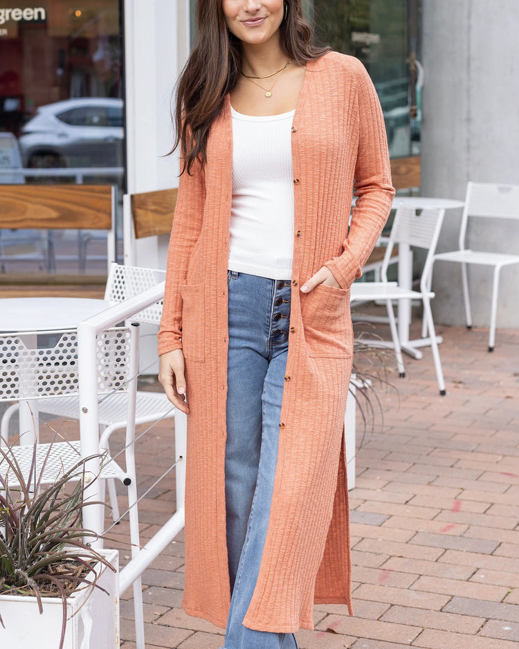 Ribbed Long Duster Cardigan in Sunset - Grace and Lace Wholesale - Sunset