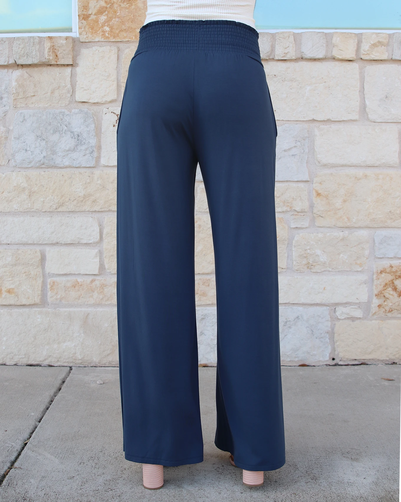 Smocked Wide Leg Lounge Pants in Smoke Blue