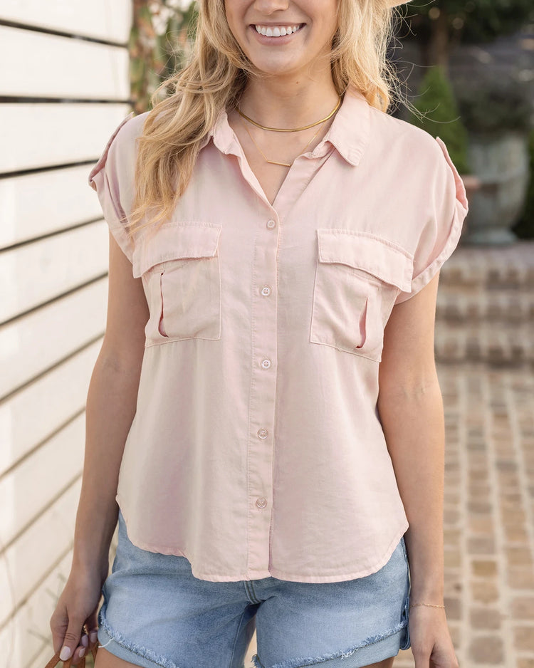 Tencel™ Lyocell Button Down Utility Top in Blush - Grace and Lace Wholesale - Blush