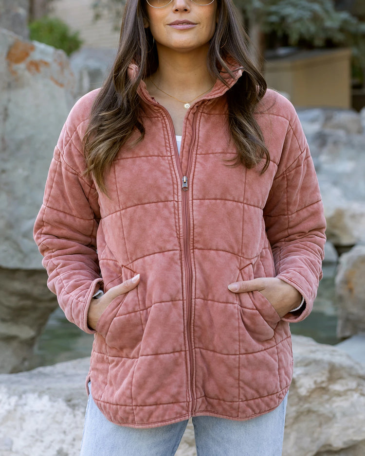 Mineral Washed Quilted Jacket in Terracotta - Grace and Lace Wholesale - Terracotta