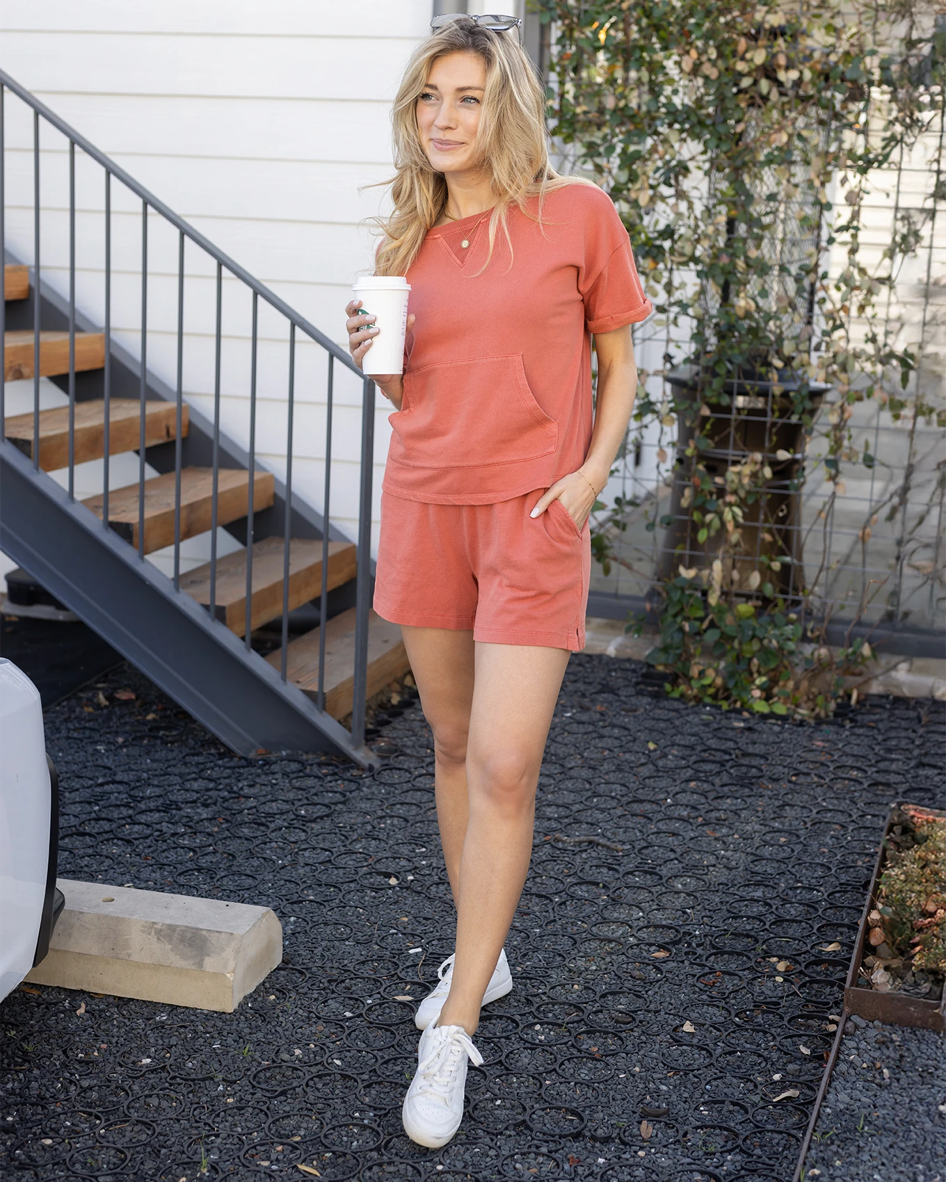 Washed French Terry Short Sleeve Sweatshirt in Washed Coral